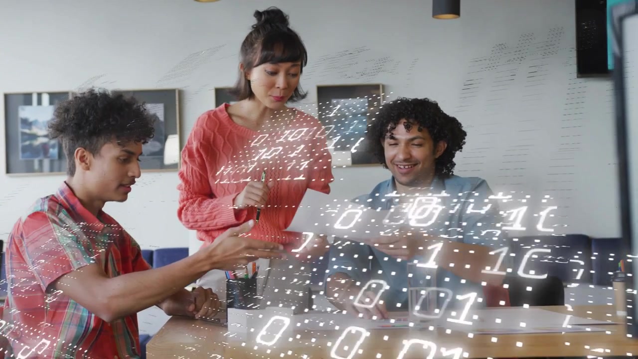 Presenting woman in coral sweater guiding two men in meeting room, with papers and binary overlay