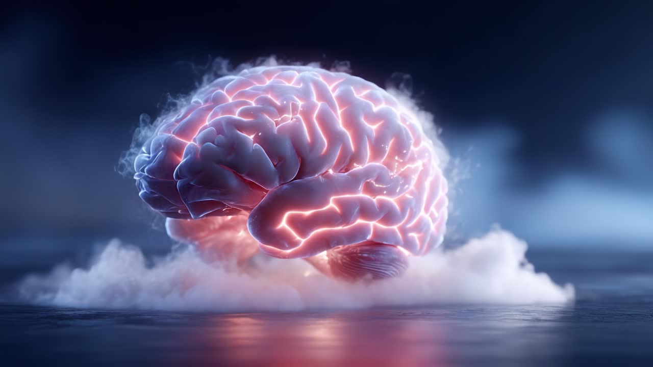 Una straordinaria rappresentazione visiva di un cervello circondato da nuvole eteree, illuminate da una luce pulsante, a simboleggiare il pensiero, la creatività e la potenza cognitiva
