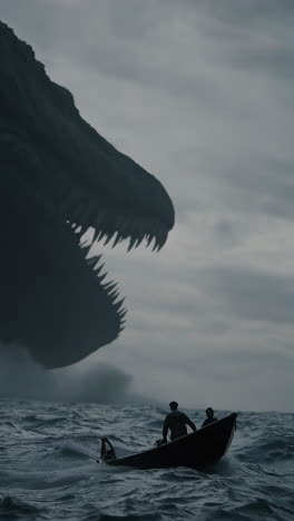 giant sea monster looms over a small boat in stormy waters