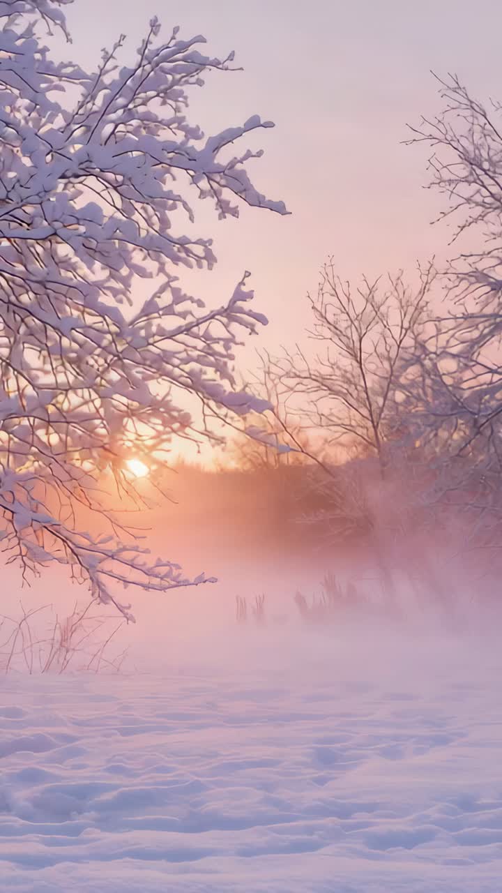 Vertical video: Rising sun bathing snowy deciduous branch, mist shifting and growing over meadow