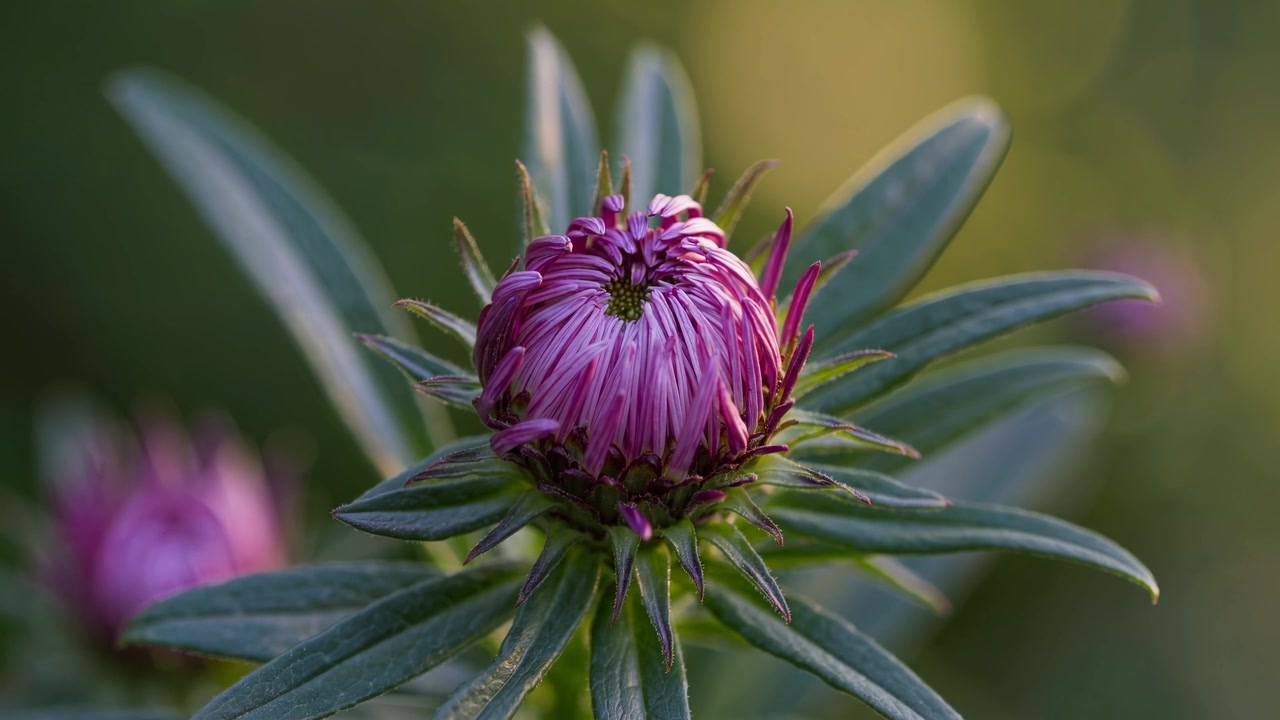 Timelapse de um botão de flor de áster roxa desabrochando