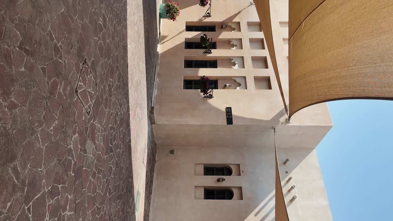 Sunny Courtyard with Palm Trees and Paved Ground