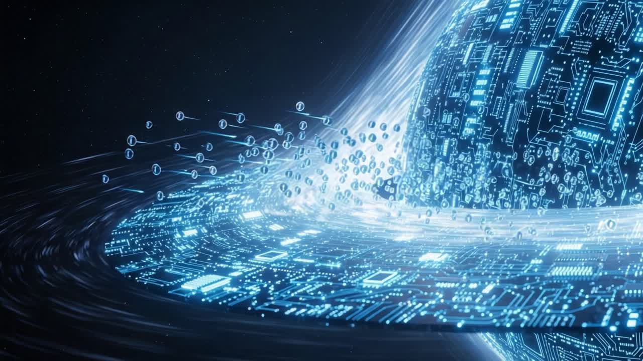 A Stunning Visualization of a Data-Driven Galactic Sphere, Where Digital Particles Spin Around a Core of Advanced Technology, Representing the Fusion of Data and Space