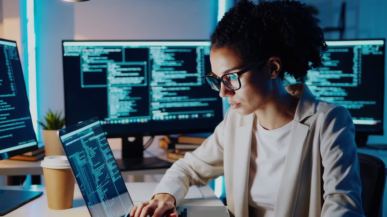 Woman Programmer Working Late Night on Coding