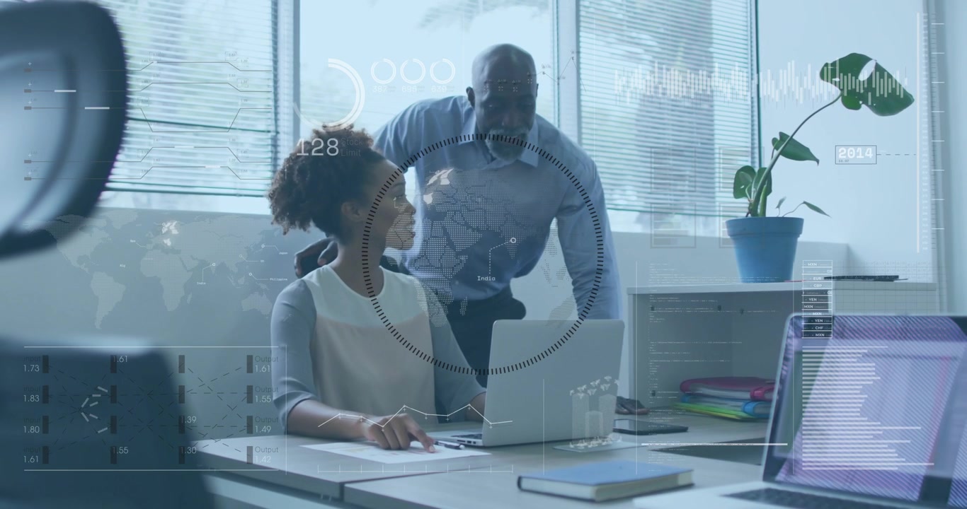 Seated woman typing triggers business HUD charts, supervisor leaning over pointing, giving feedback