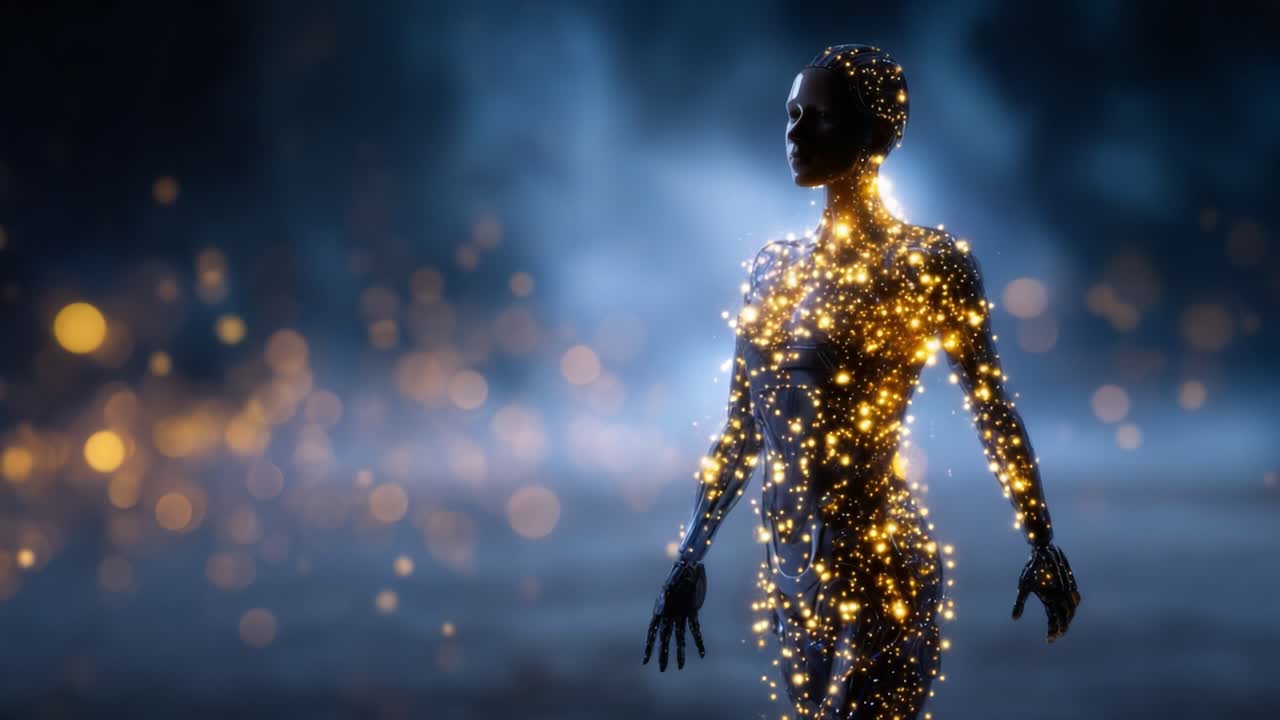 Una figura luminosa emerge dalle ombre, incarnando la fusione di tecnologia e arte in un'accattivante esibizione di energia scintillante e bellezza eterea
