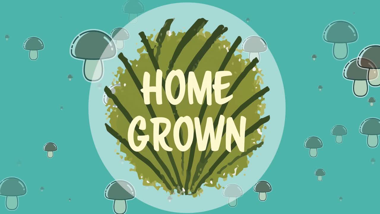 파란색 배경에 떠다니는 버섯 아이콘에 대한 집에서 자란 텍스트 배너의 디지털 애니메이션