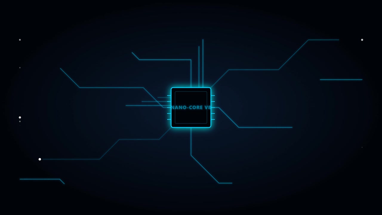 Digital mikrochip-processor med glødende kredsløbslinjer på mørk baggrund