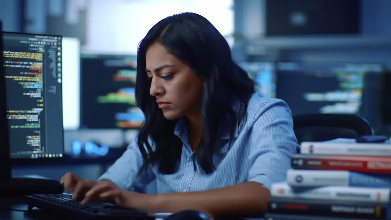 Focused on Coding: A Woman in a Tech Environment Engaging with Programming Tasks Surrounded by Monitors and Books, Illustrating Modern Software Development Practices