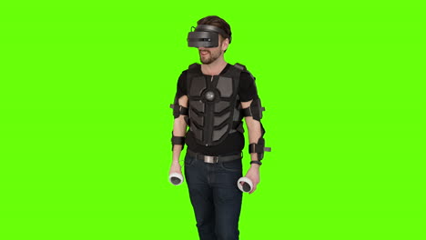 Nerd-Jugador-Hombre-Se-Pliega-Pantalla-Robocop-Vr-Realidad-Virtual-Producción-Pantalla-Verde-Juego-Auriculares-Configuración-Engranaje-Placa-De-Pecho-Armadura-Disparo-Juego-Tipo-Oculus-Quest-2-Windows-Futuro-Ciencia-Ficción-Entretenimiento