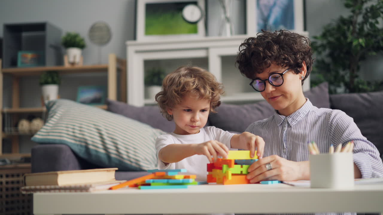 Mother and Child Building with Blocks