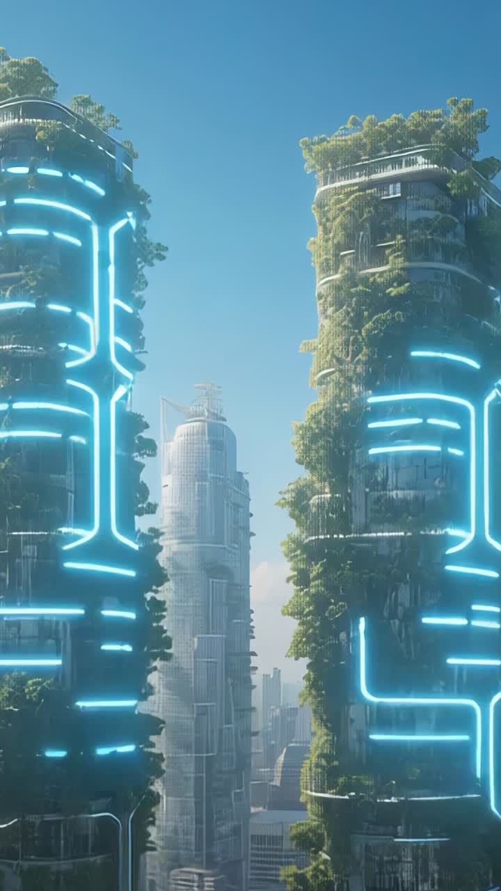 Vertical video: Shifting light driving green towers glowing in future city with neon-blue lights