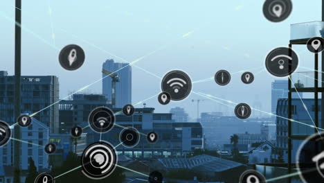 animación de una red de iconos digitales frente a una vista aérea del paisaje urbano