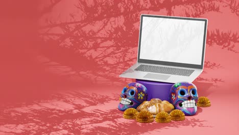 Day-of-The-Dead-Festival,-Dia-de-Muertos-,-Design-Mockup,-Mexico,Laptop,-Skulls,-Traditional-Floral-and-Pastry,-Red-Background