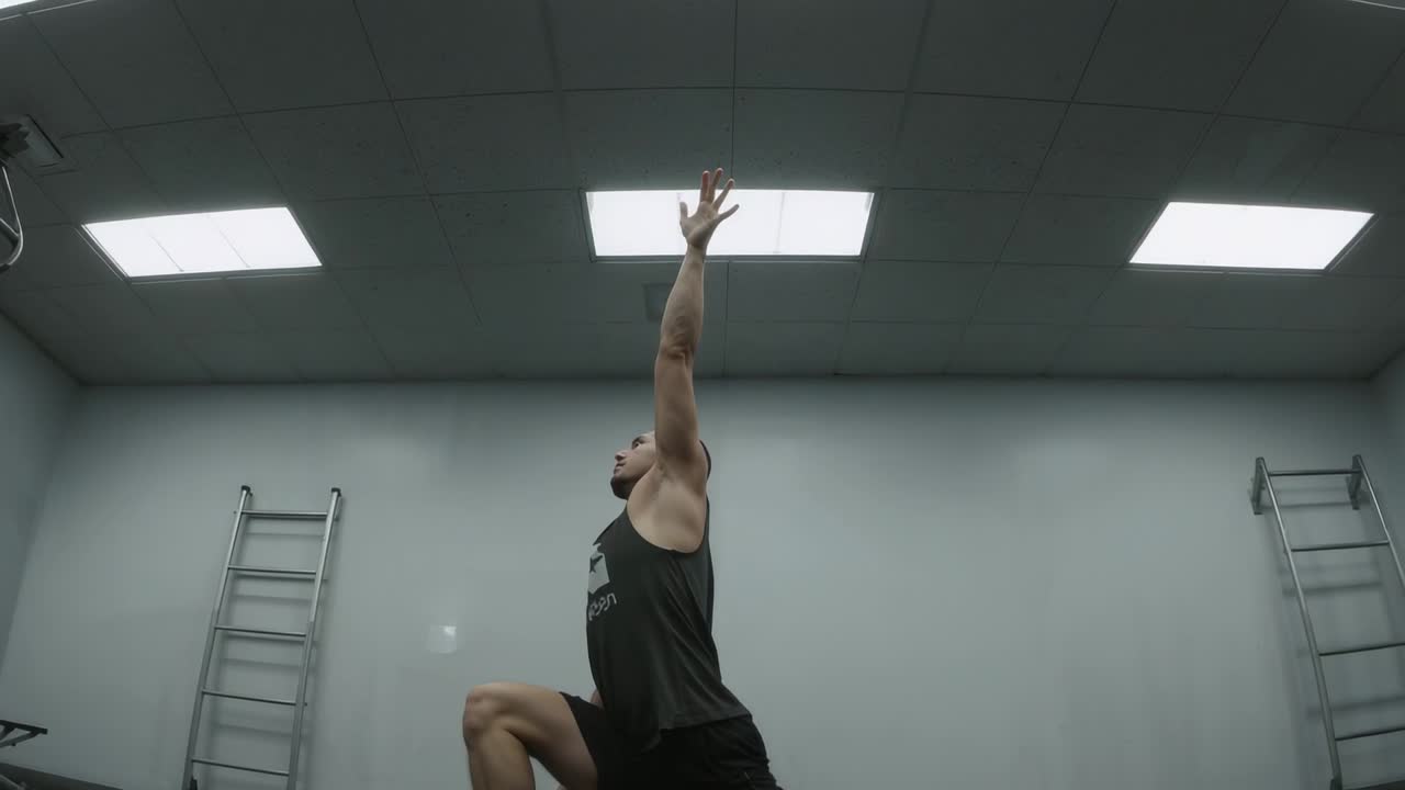 Performing drill, trainer-in-tank moving from lunge to reach up in gym with ladders for warmup