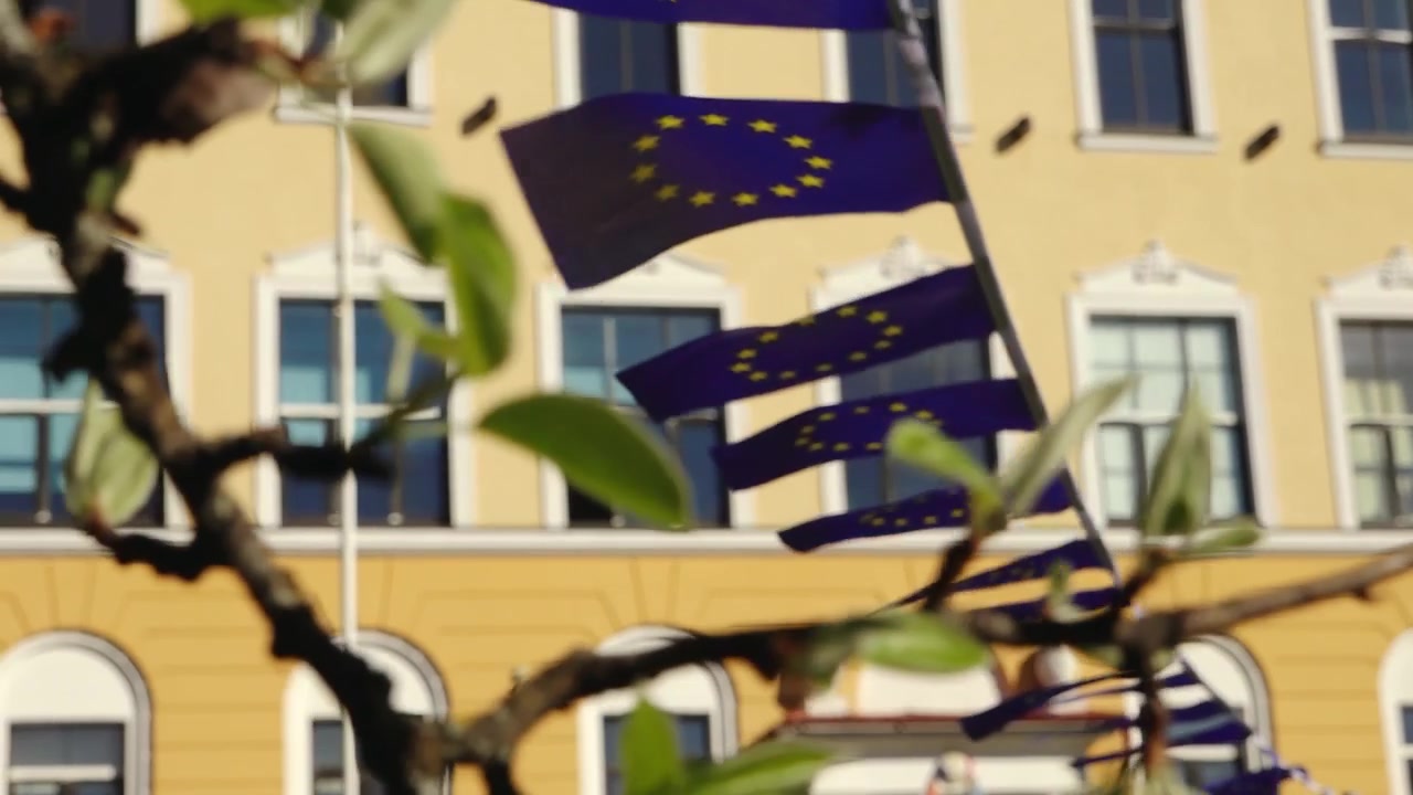 Foglie sfocate in primo piano incorniciano nastri con bandiere dell'Unione Europea appesi davanti a un edificio giallo, suggerendo un evento civico o culturale all'aperto.