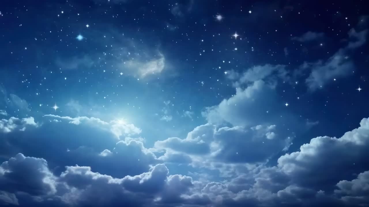 A serene night sky video with fluffy clouds and twinkling stars