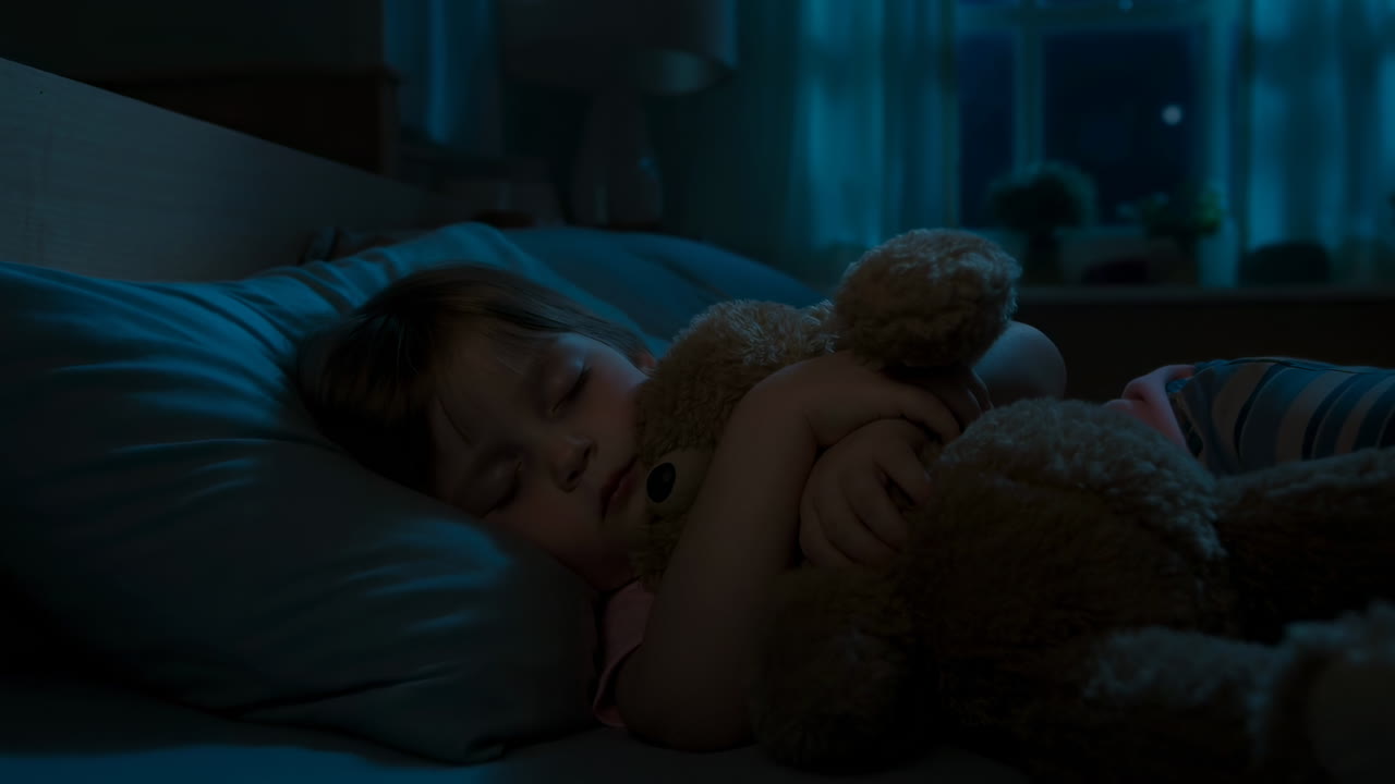 Child Sleeping At Night Cuddling Teddy In Dim Blue Bedroom With Soft Moonlight Through Window, Plush Bear Held