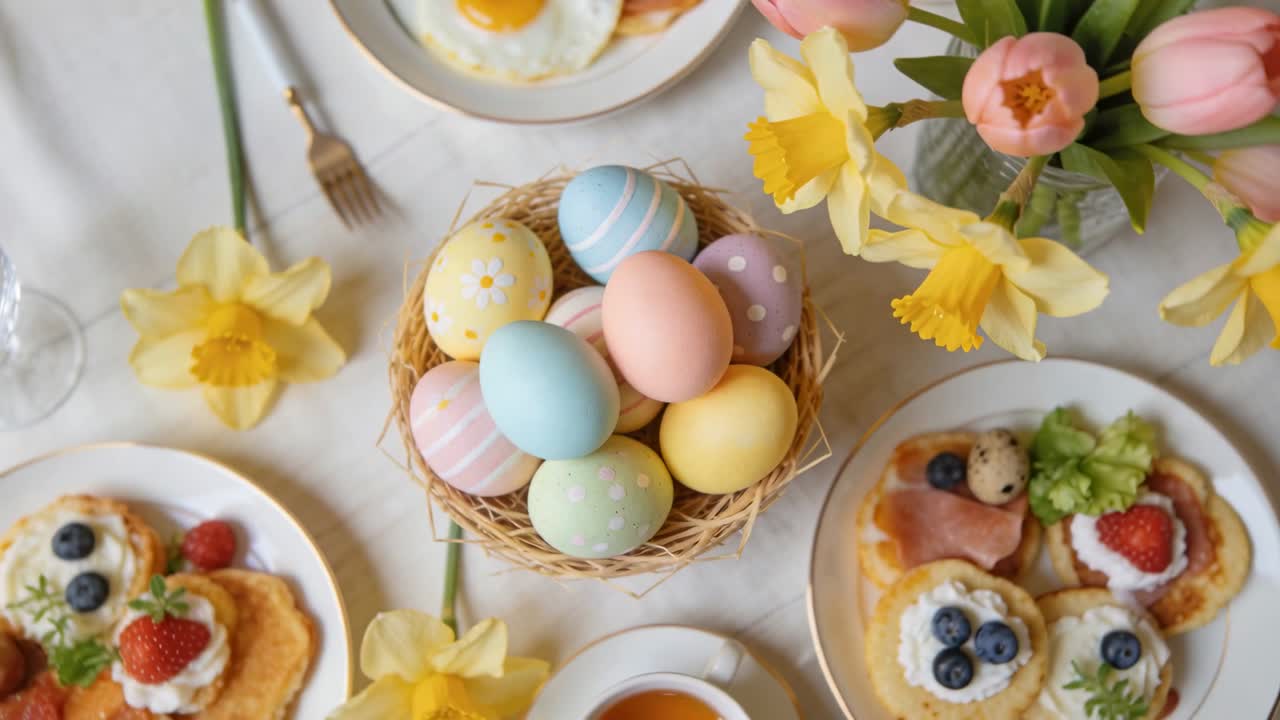 Starting camera drifting over home brunch table, showcasing wicker basket with pastel eggs, tulips