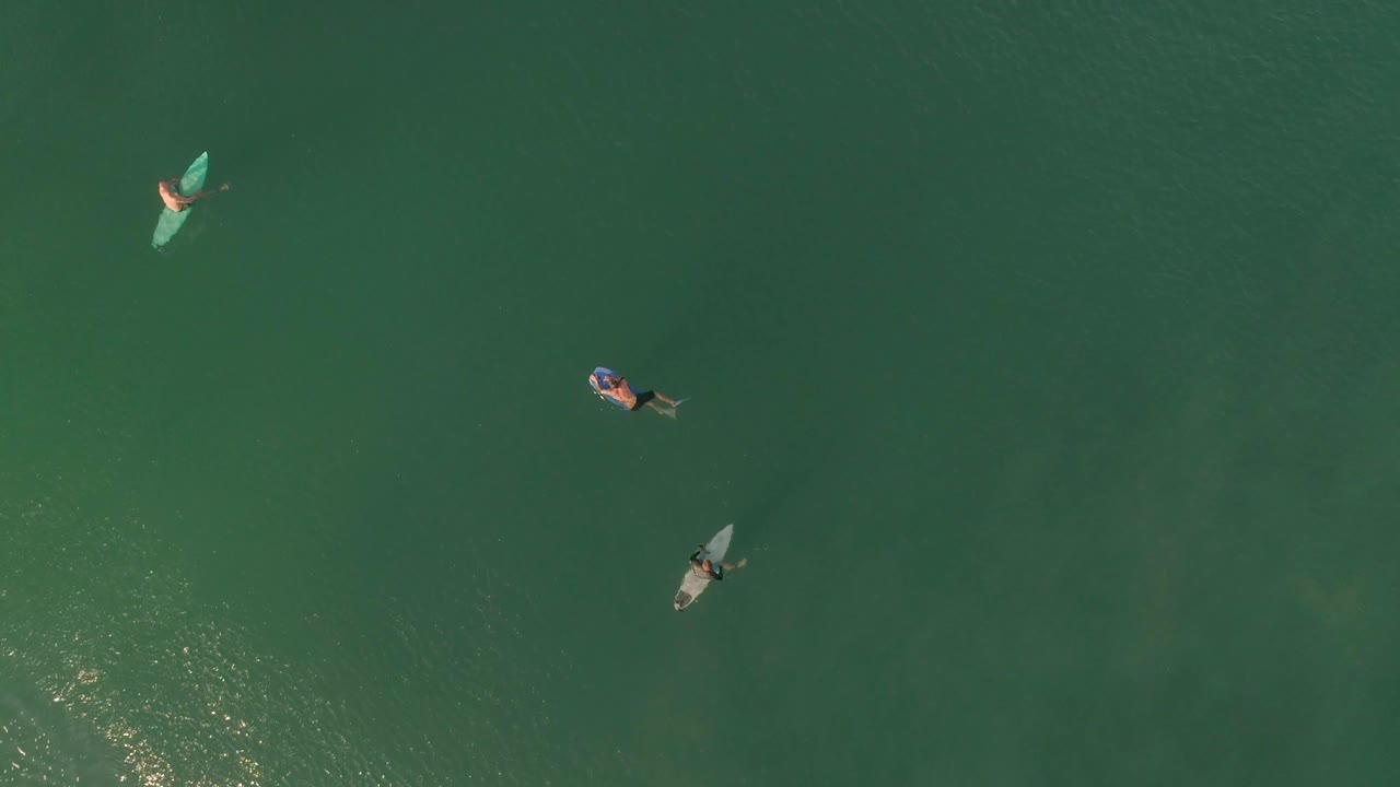 toma aérea cenital de surfistas esperando en playa zicatela puerto escondido, oaxaca