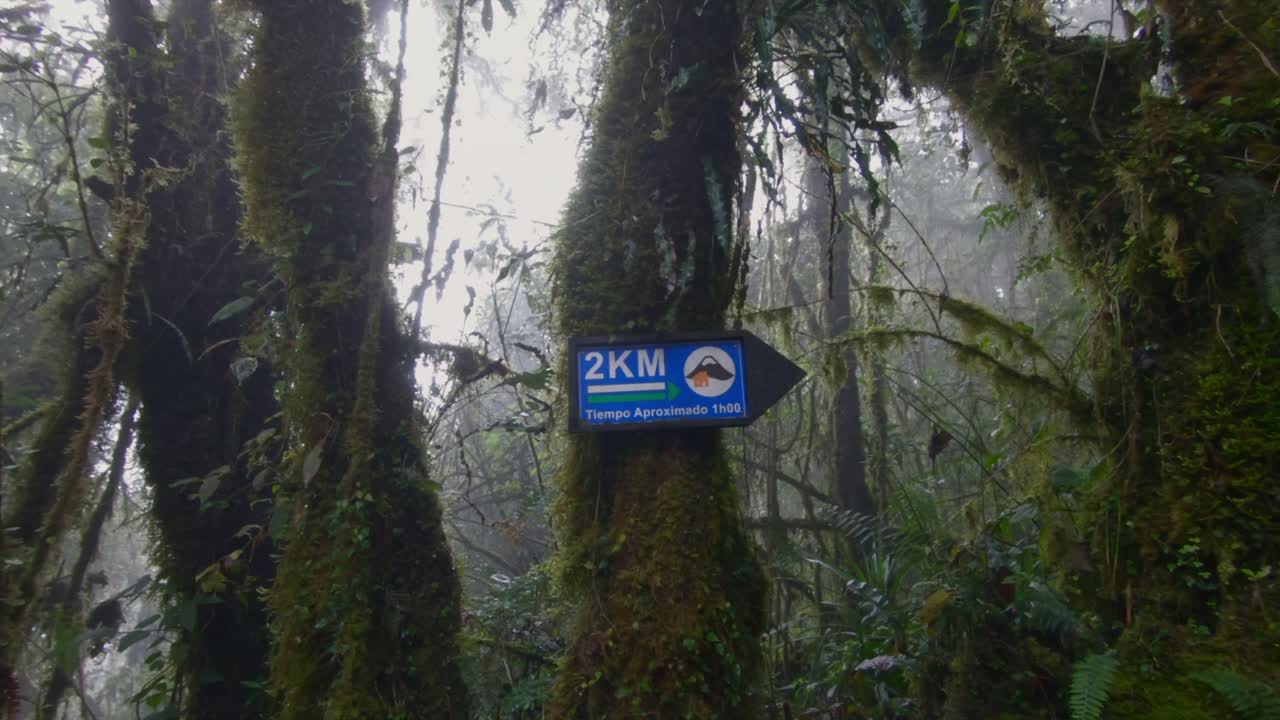 Tungurahua volcano direction sign Ecuador jungle humid forest trek hike