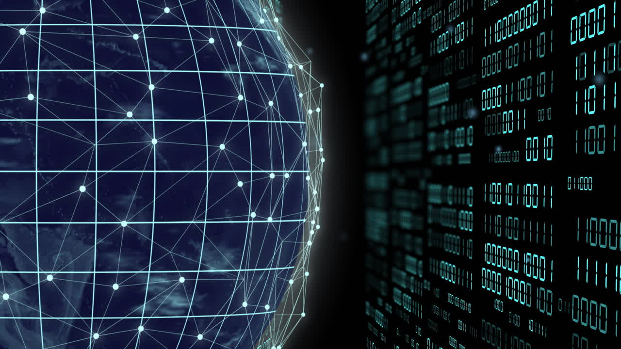 Animation of globe with binary coding and data processing over dark background