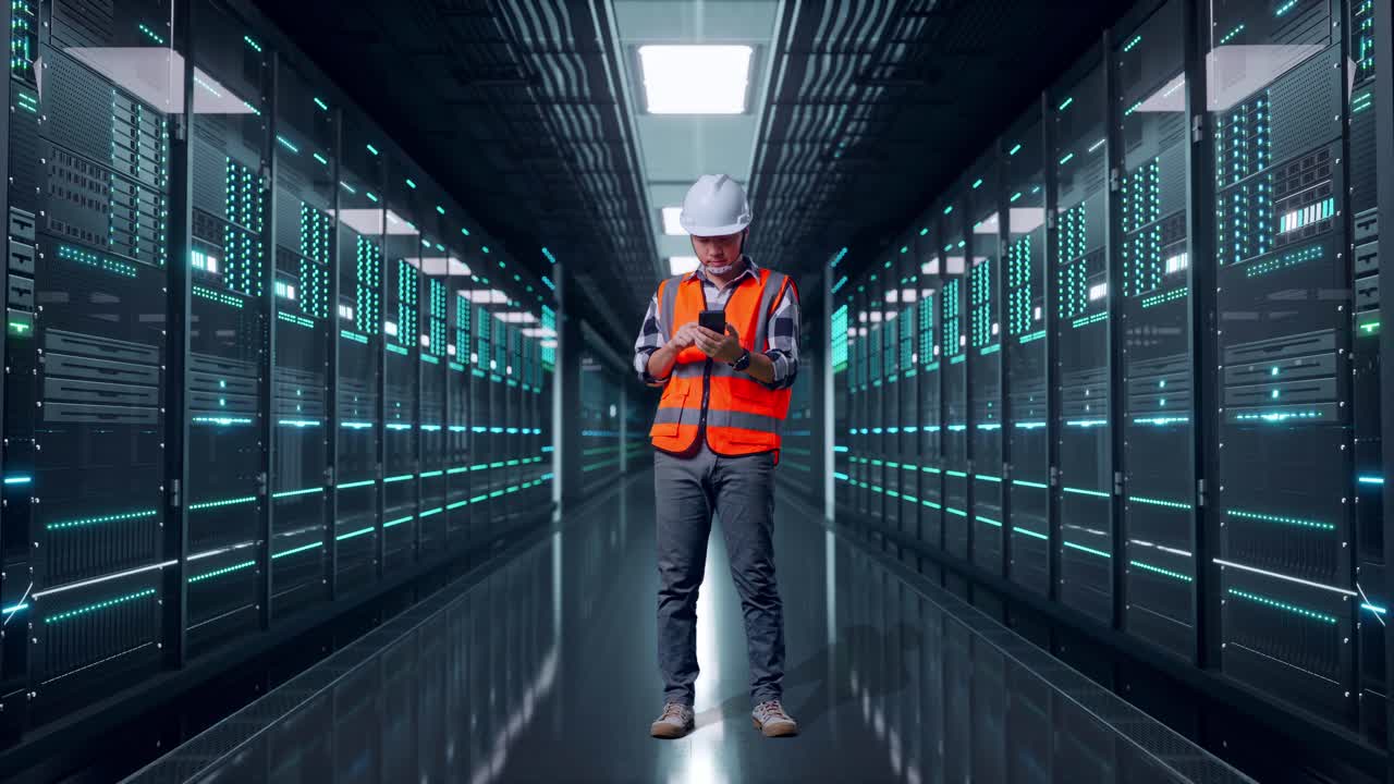 Full Body Of Asian Male Engineer With Safety Helmet Using Smartphone While Standing in Server Room Data Center