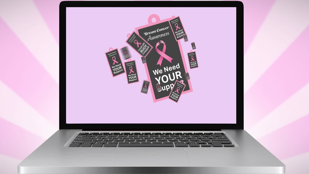 Animazione del logo del nastro rosa e del testo cancro sullo schermo di un laptop