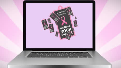 animación del logotipo de la cinta rosa y el texto del cáncer de mama en la pantalla del portátil