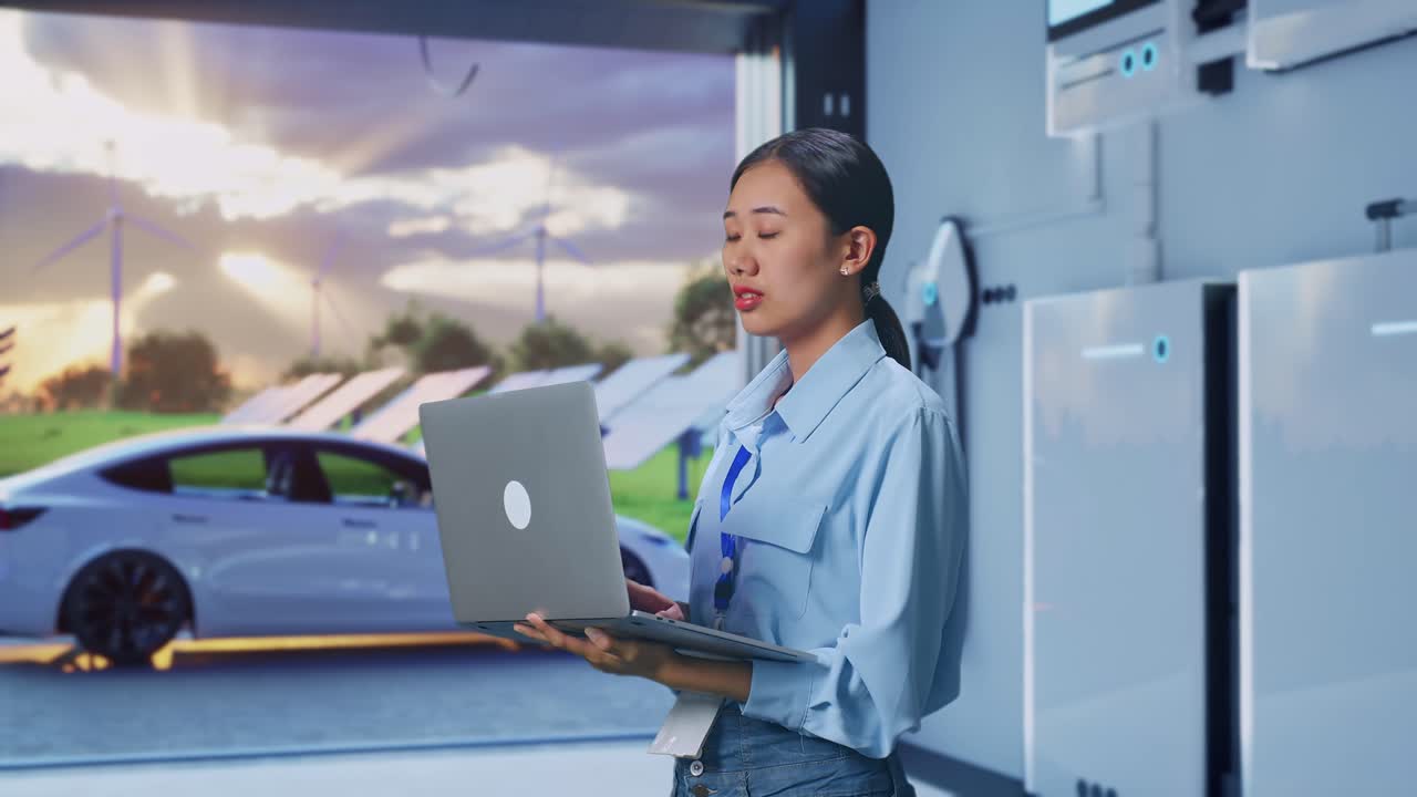Side View Of Asian Female Professional Worker With Home Energy Storage System In a Modern Garage, Observes By Looking Up Before She Come To Concentrating On The Laptop And Keep On Typing