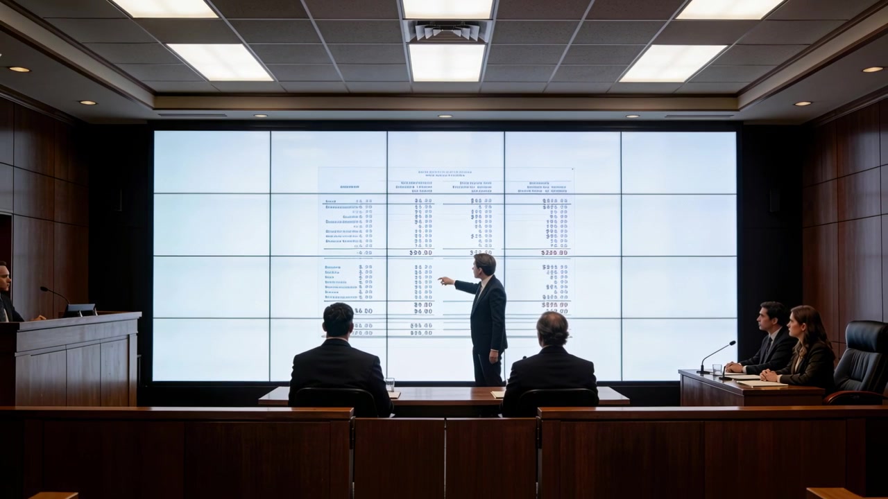 Pukuun pukeutunut esiintyjä kävelee puhujapöntön luo oikeussalissa, osoittaen taulukkolaskentaseinää tarkastelua varten.