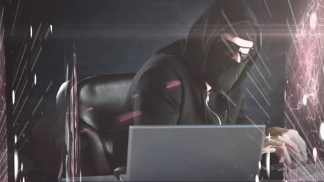animación de la conexión de las redes y puntos blancos flotando sobre el hacker masculino