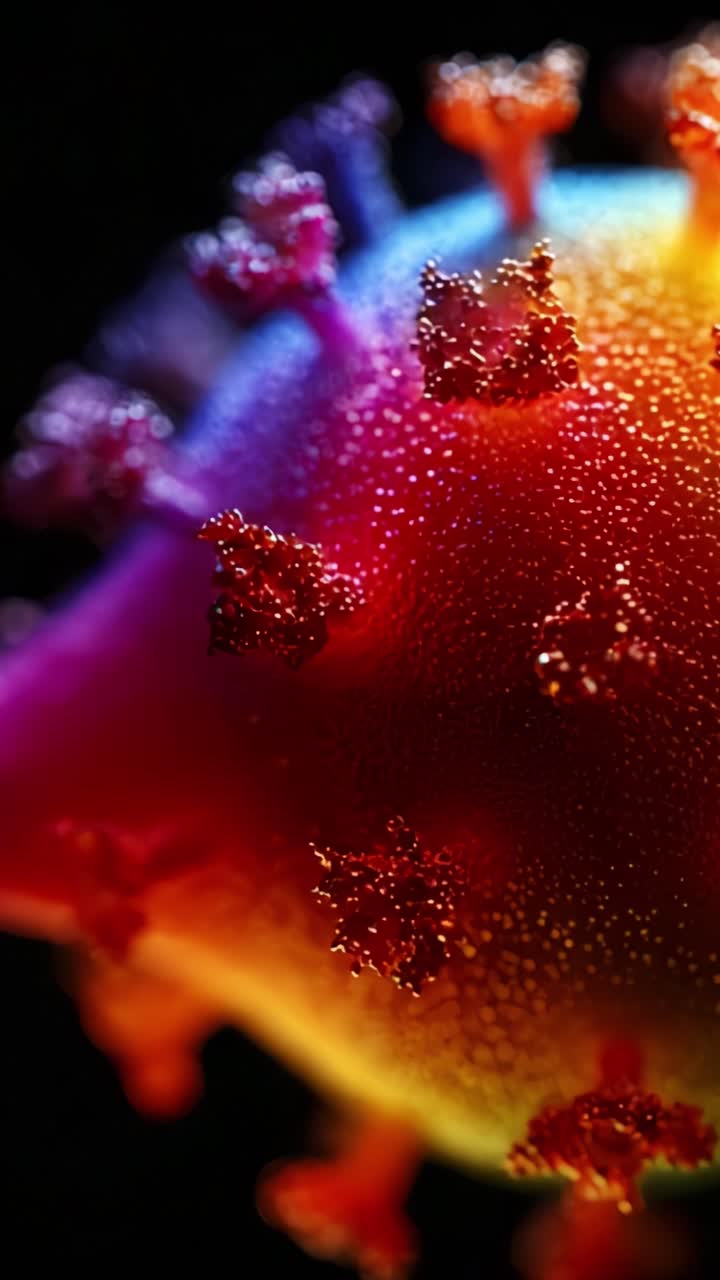 A close-up view revealing the intricate structure and vibrant colors of a viral particle, showcasing its distinctive spikes and surface texture in stunning detail