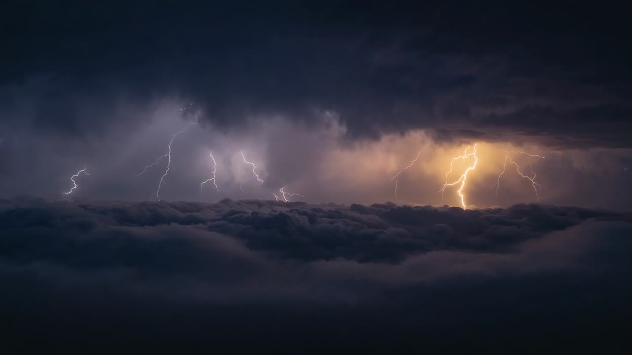 Mostra una base temporalesca che invia fulmini blu a sinistra e scariche calde a destra, illuminando le nubi di notte