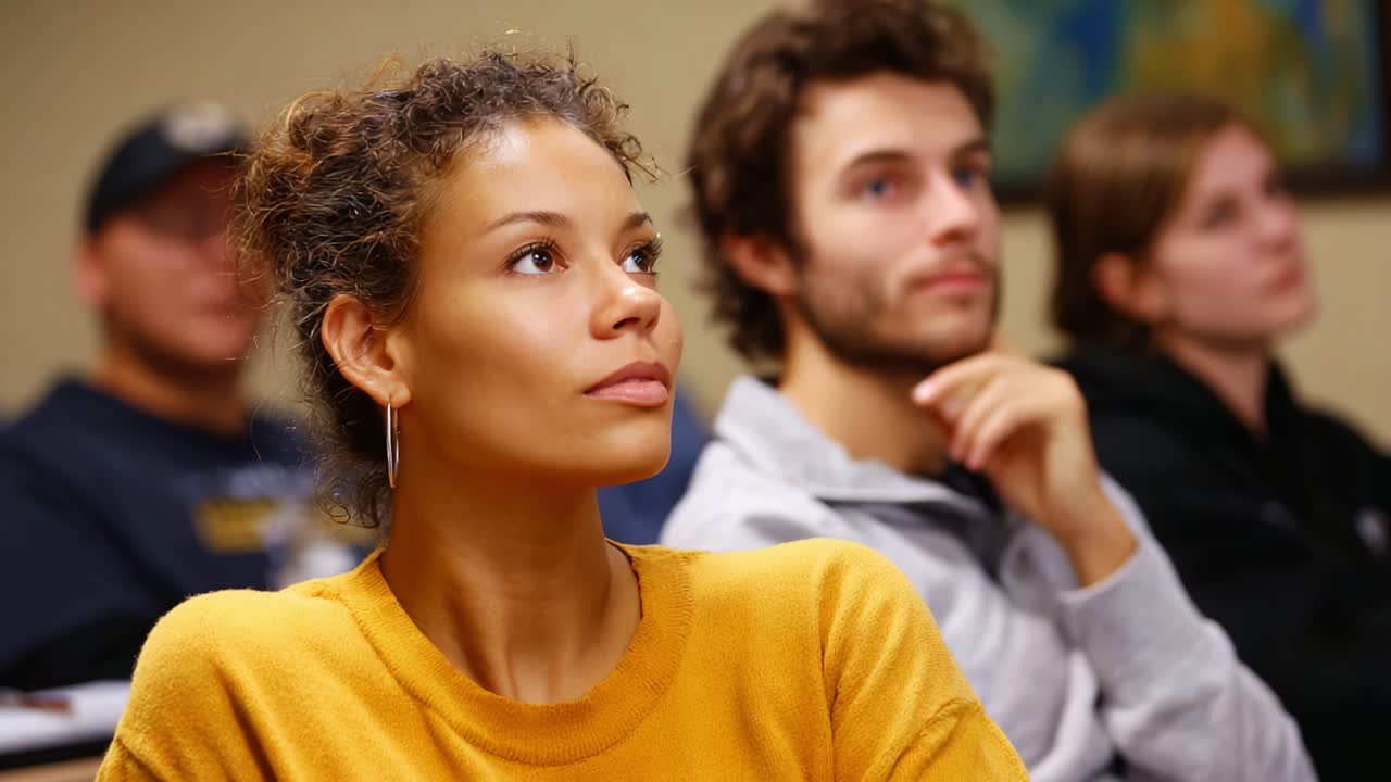 Studenti coinvolti in classe: studente concentrato con capelli ricci e maglione giallo che mostra interesse nella lezione con i compagni sullo sfondo