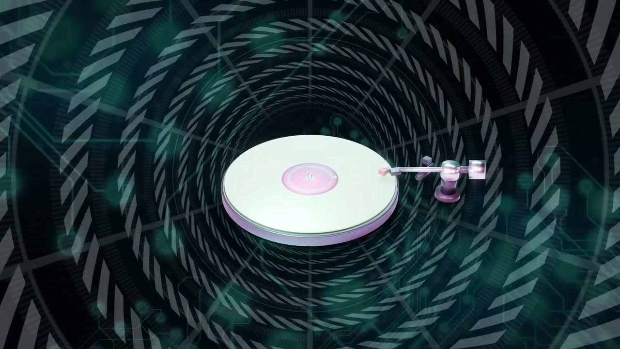 On playback start platter and tonearm moving inward as spiral tunnel rotating, visualizing playback
