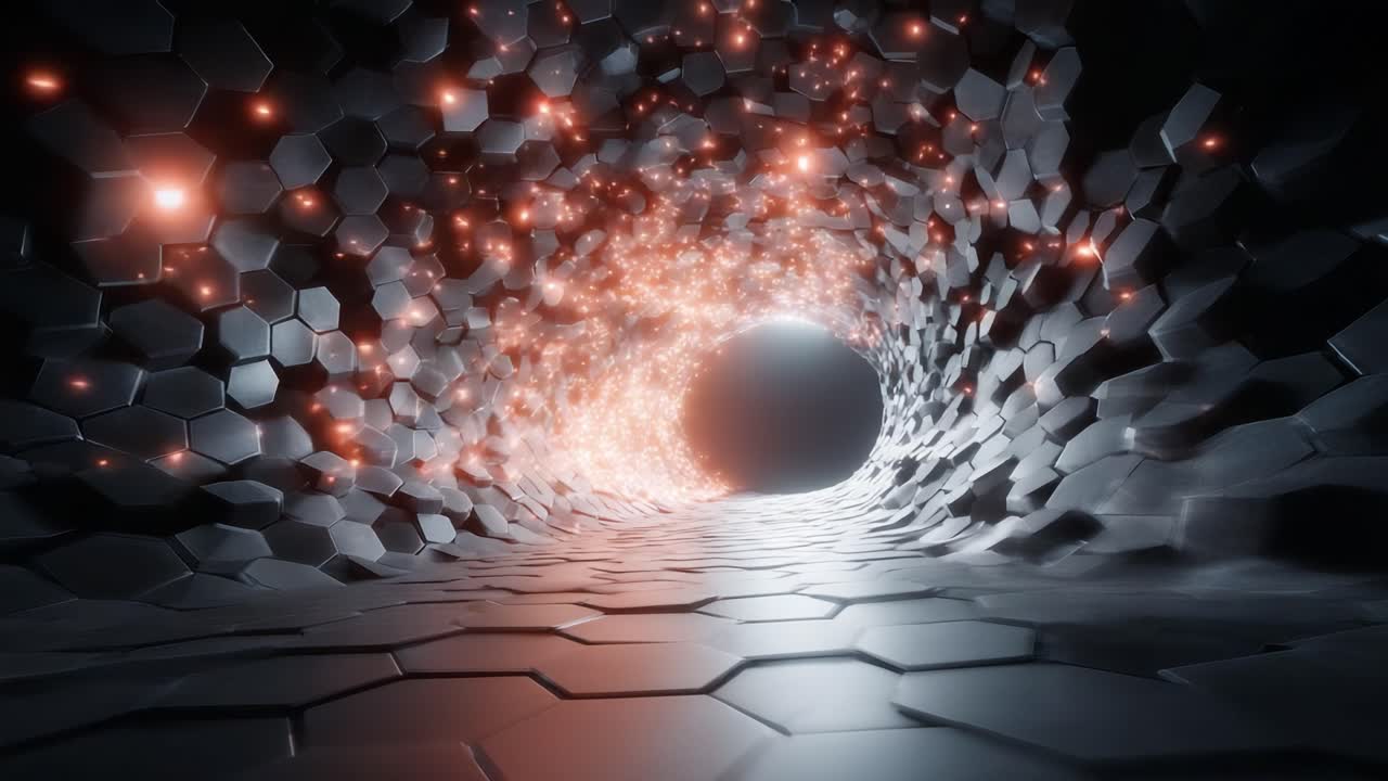 A Captivating Journey Through an Abstract Hexagonal Tunnel Illuminated by Sparkling Lights, Leading to a Mysterious Black Sphere at the End of the Passage