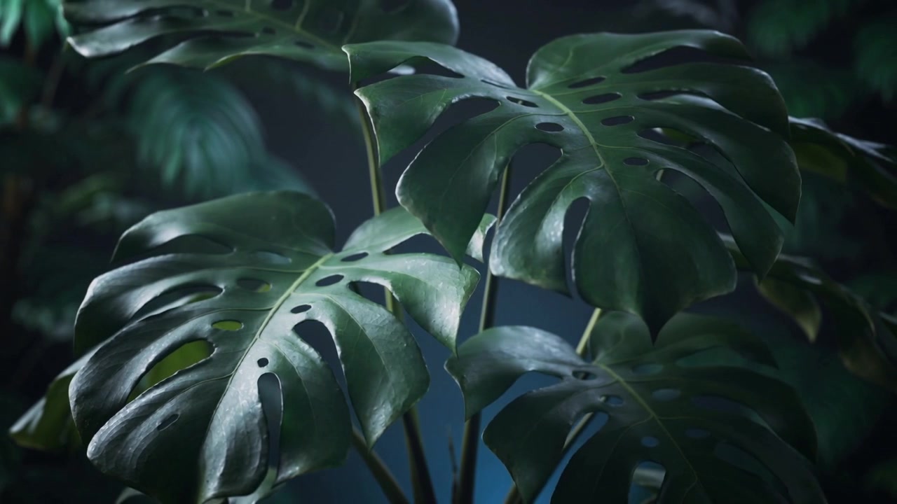 Pianta di Monstera deliciosa che ruota in studio, rivelando i fori delle foglie sotto una luce direzionale.
