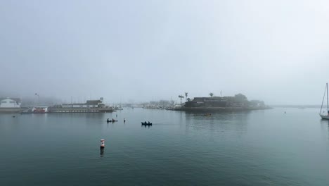 kayakers in the port of dana point california on a dark foggy day with sailboats and palm trees in view static