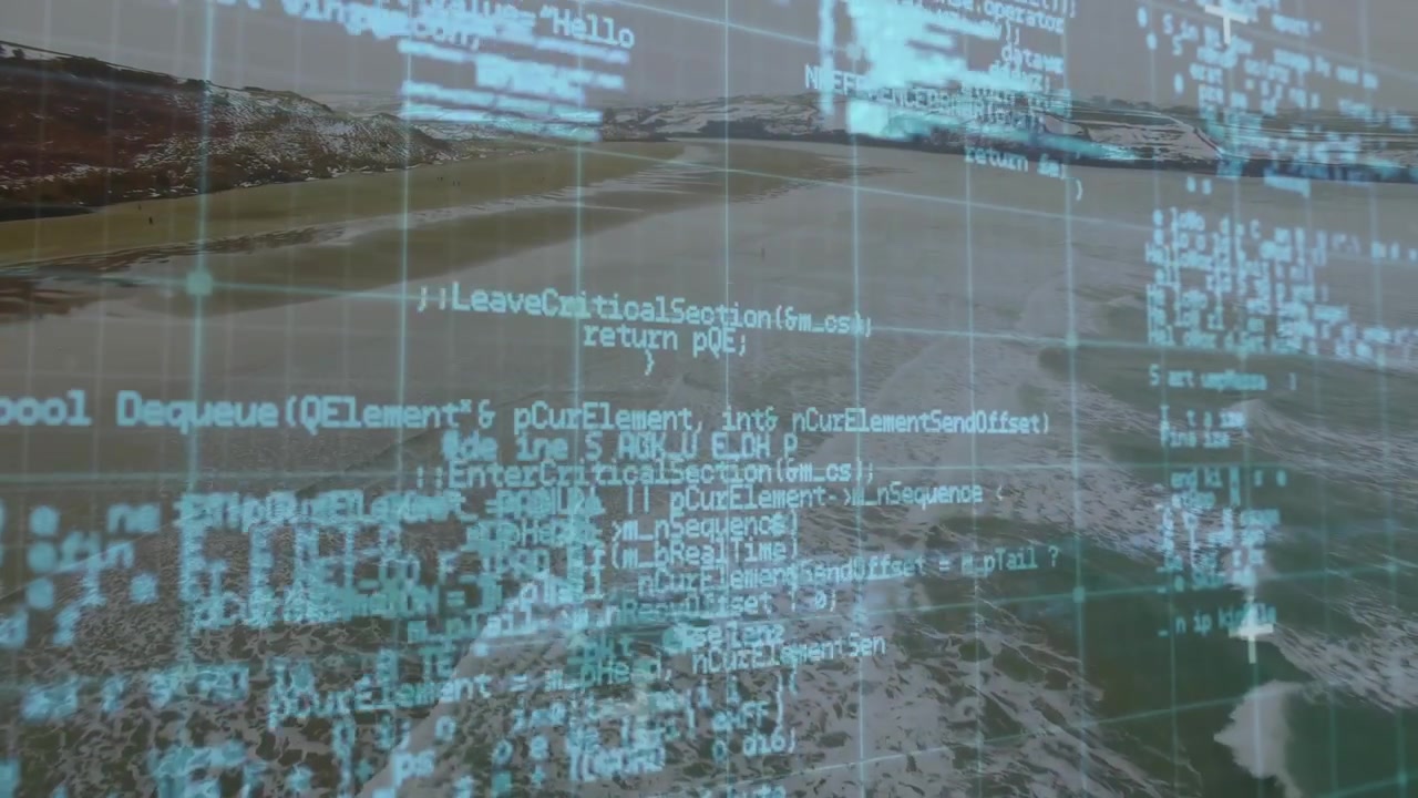 Sovrapposizione di una griglia di codice ciano che scansiona la costa, apparendo e poi svanendo per rivelare le onde, per applicazioni tecnologiche.