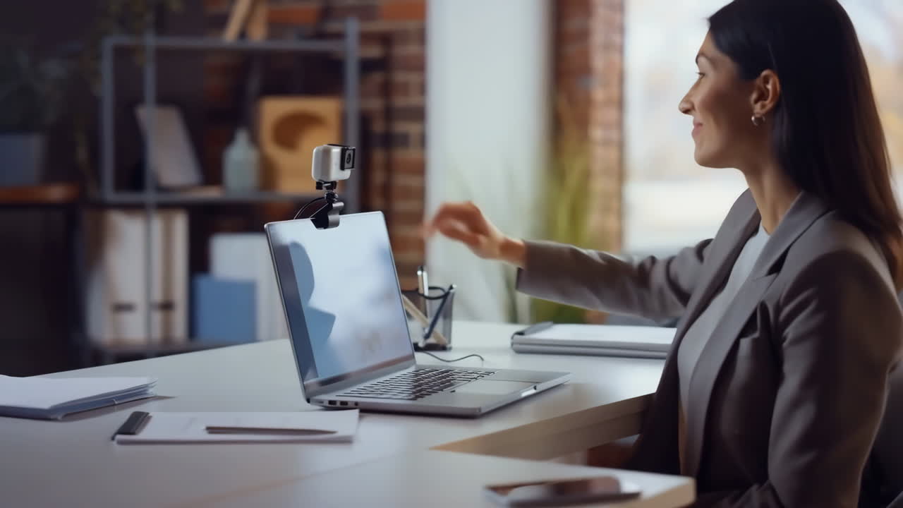 Donna professionista che usa laptop e webcam esterna per videochiamata in ufficio