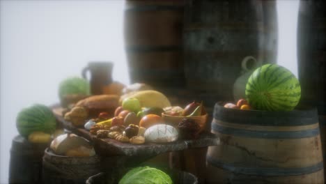 food table with wine barrels and some fruits, vegetables and bread