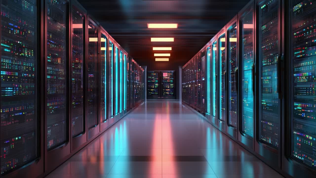 Immersive View of a High-Tech Data Center with Colorful LED Lights Reflecting Off Server Racks, Showcasing the Intricacies of Modern Computing Infrastructure