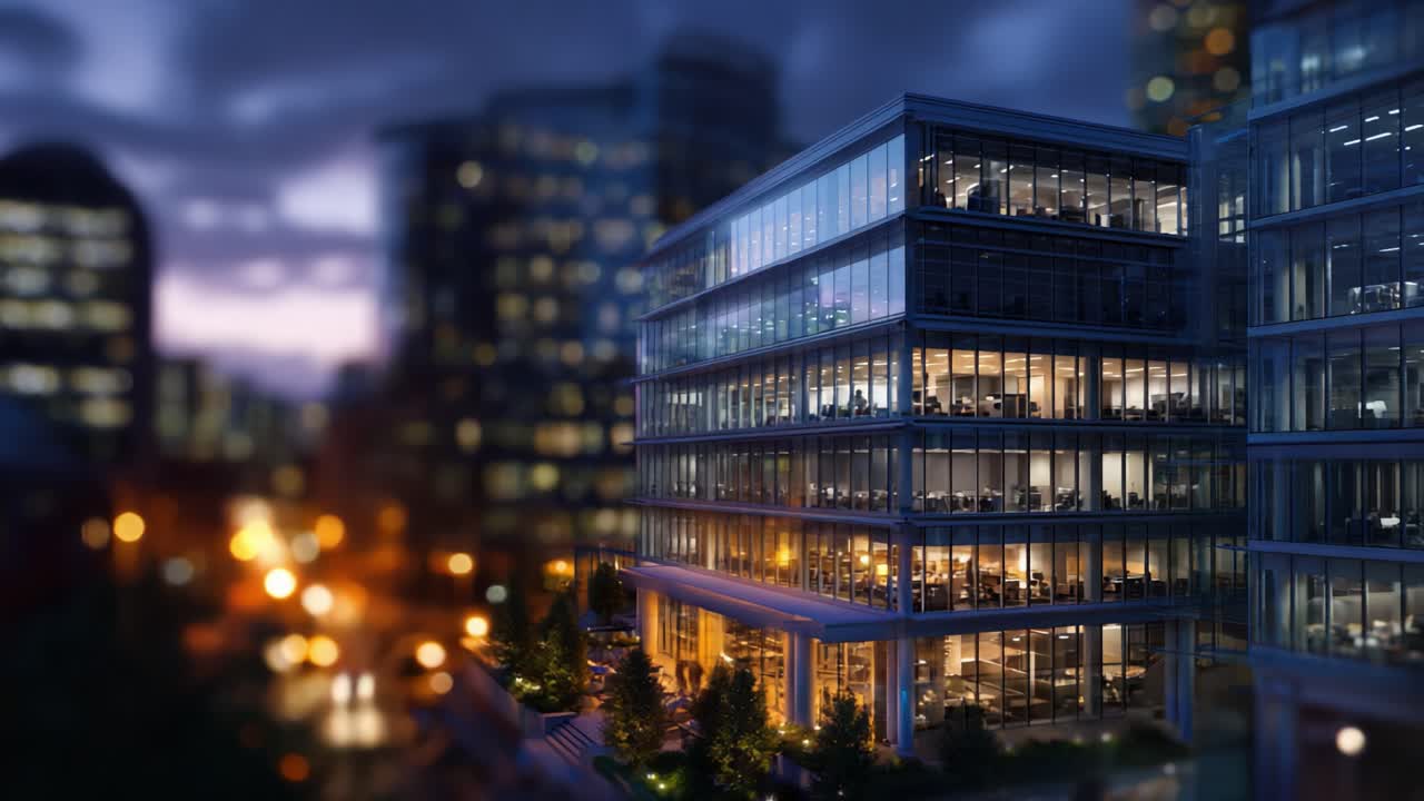 Prédio de escritórios moderno iluminado à noite, exibindo a arquitetura de vidro em meio a um horizonte vibrante da cidade, destacando o estilo de vida urbano e a dinâmica do espaço de trabalho