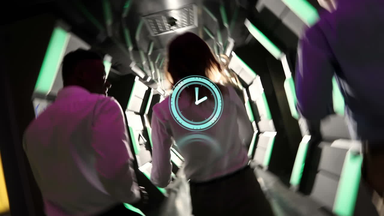 Animation of clock moving fast over business people running