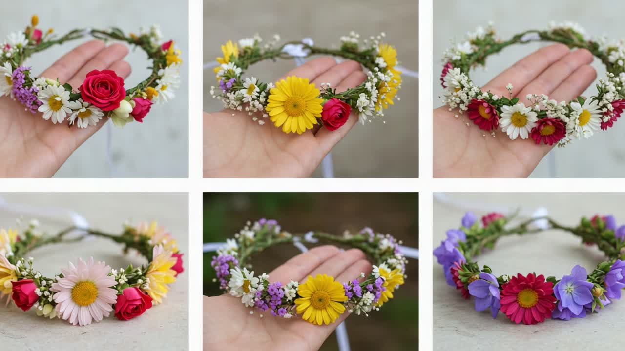 Colorful Floral Crowns Showcase: A Stunning Collection of Handmade Floral Headpieces Featuring Various Flowers and Design Styles in Two Captivating Frames