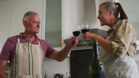 pareja de ancianos caucásicos usando delantales brindando y bebiendo vino en la cocina en casa