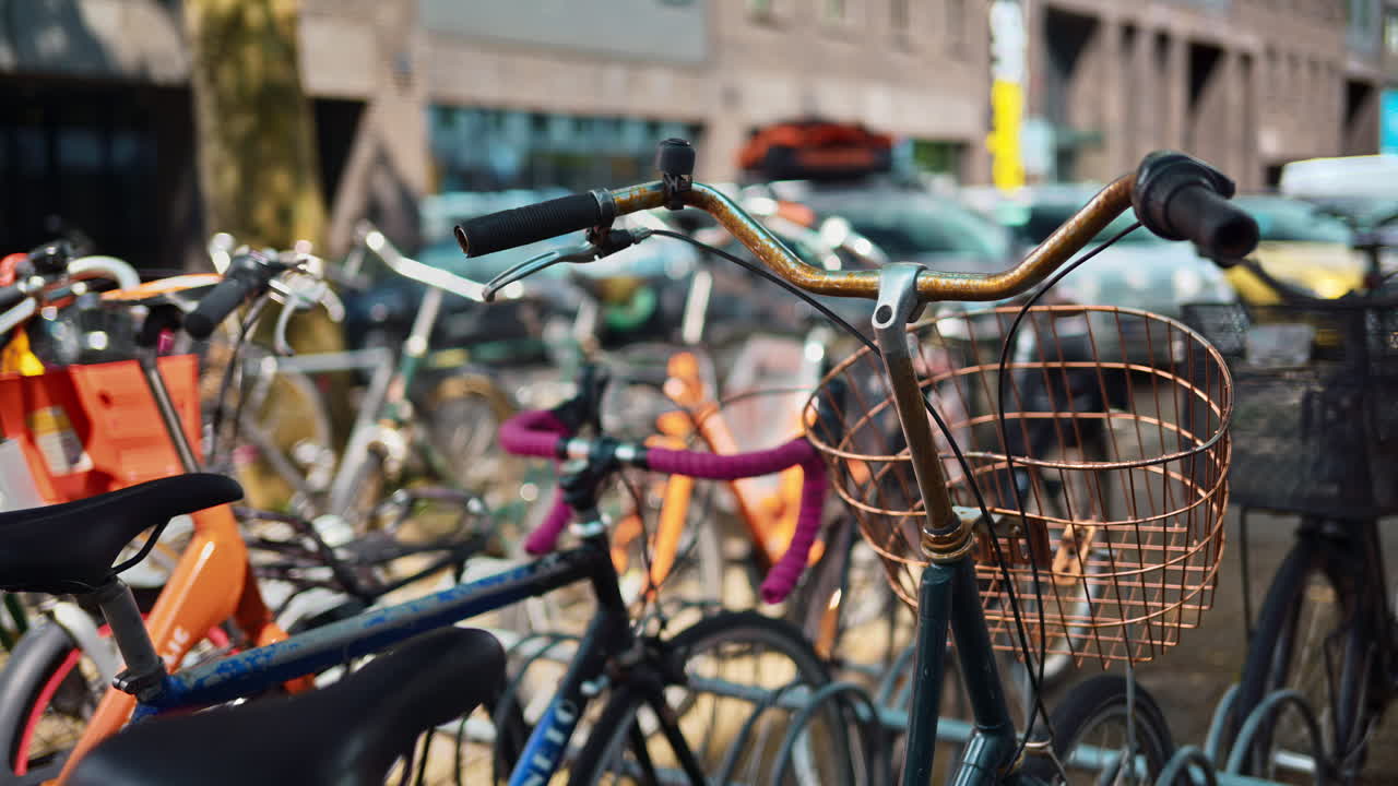 Close up of bikes parked on the streets of Copenhagen, Denmark
