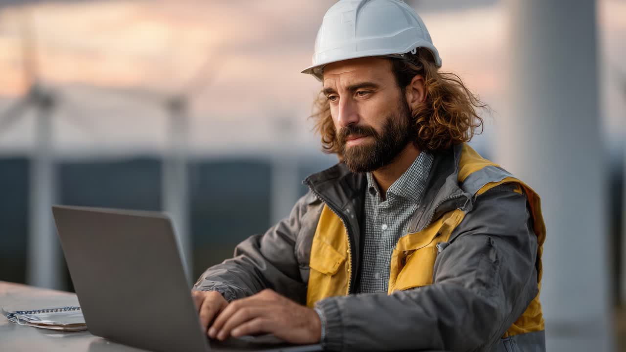 Focused Engineer Working on Laptop Outdoors Amidst Wind Turbines, Combines Technology and Renewable Energy for Sustainable Solutions