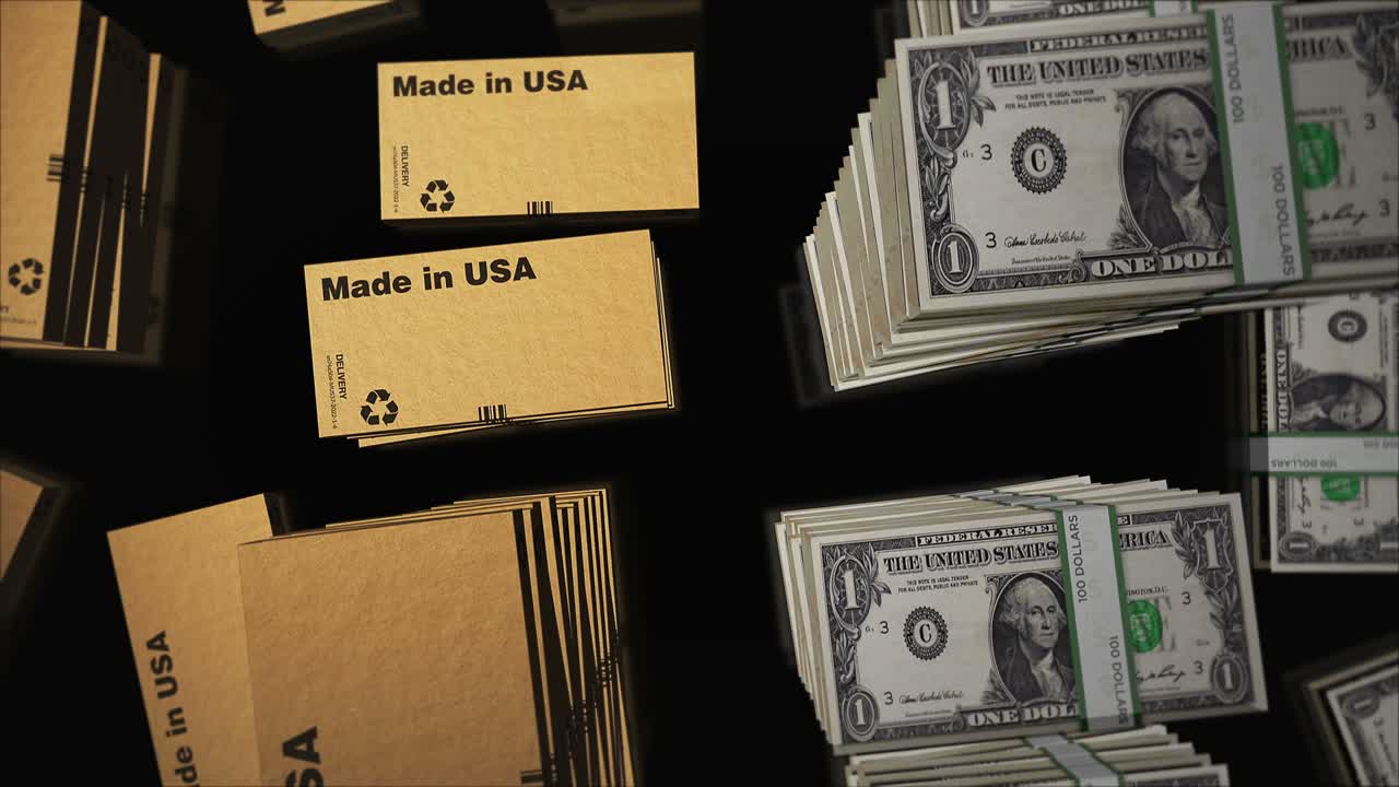 미국에서 만들어진 상자 및 미국 달러 돈  루프 3d 애니메이션